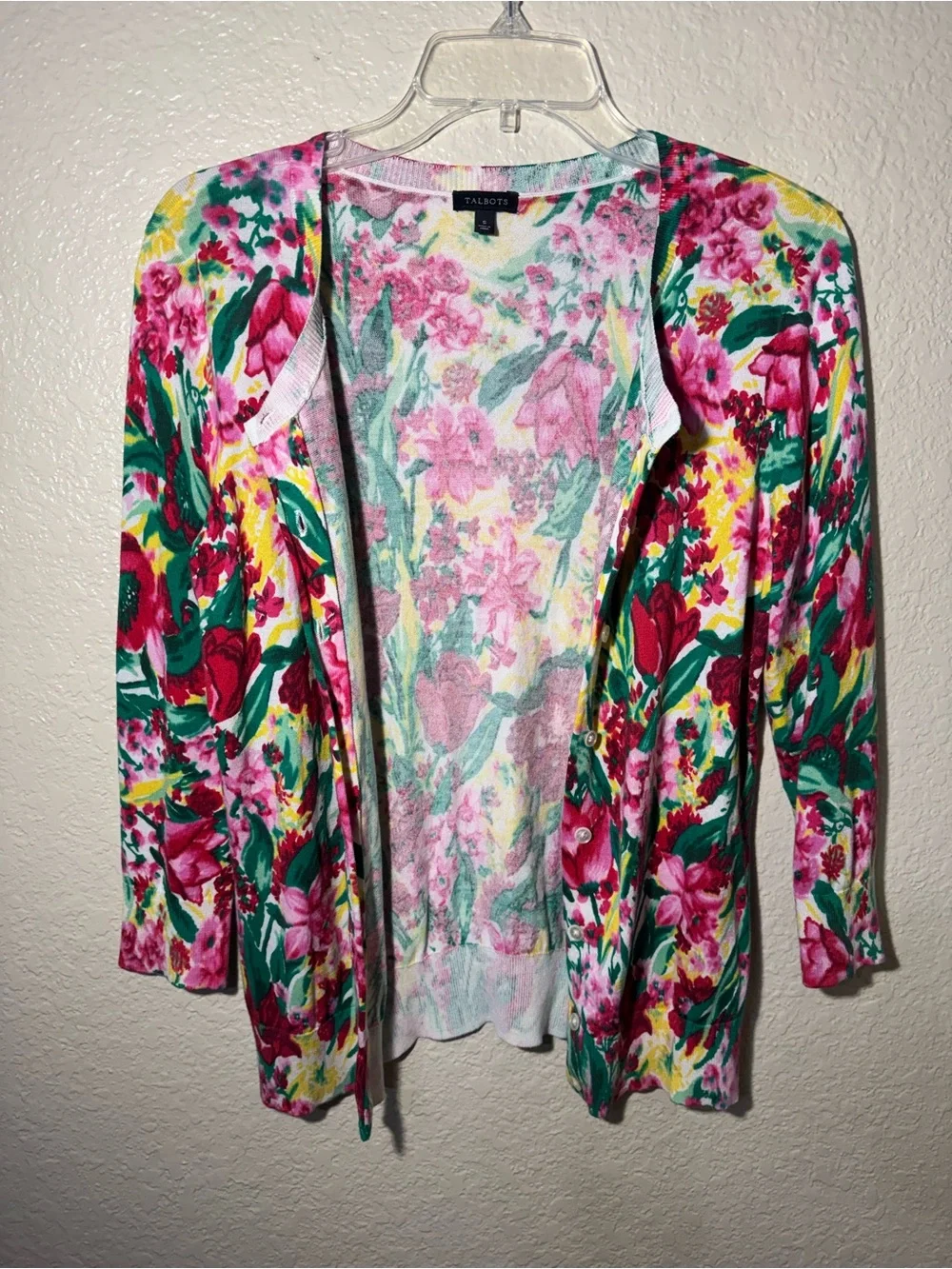 Talbots Small Floral Cardigan Pink Green Button Front Sweater